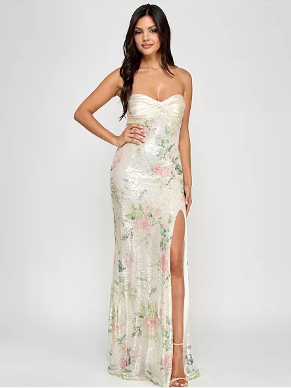 City Studio Ivory Sequin Maxi Skirt with Pink & Green Floral Accents